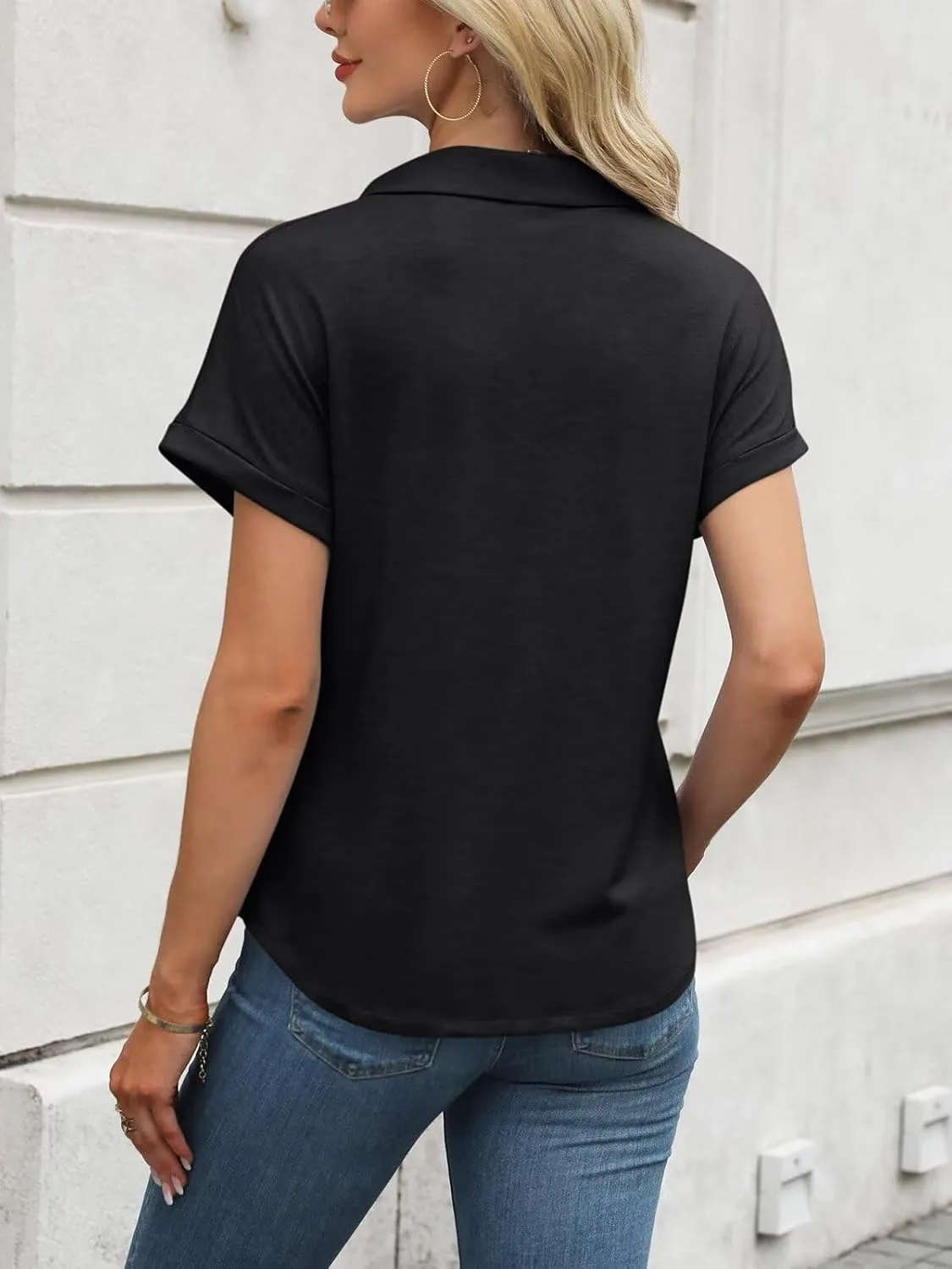 ORANDESIGNE Women's Short Sleeve Polo Tops Summer Button Down Collared T Shirts Casual Cute Ladies Tees