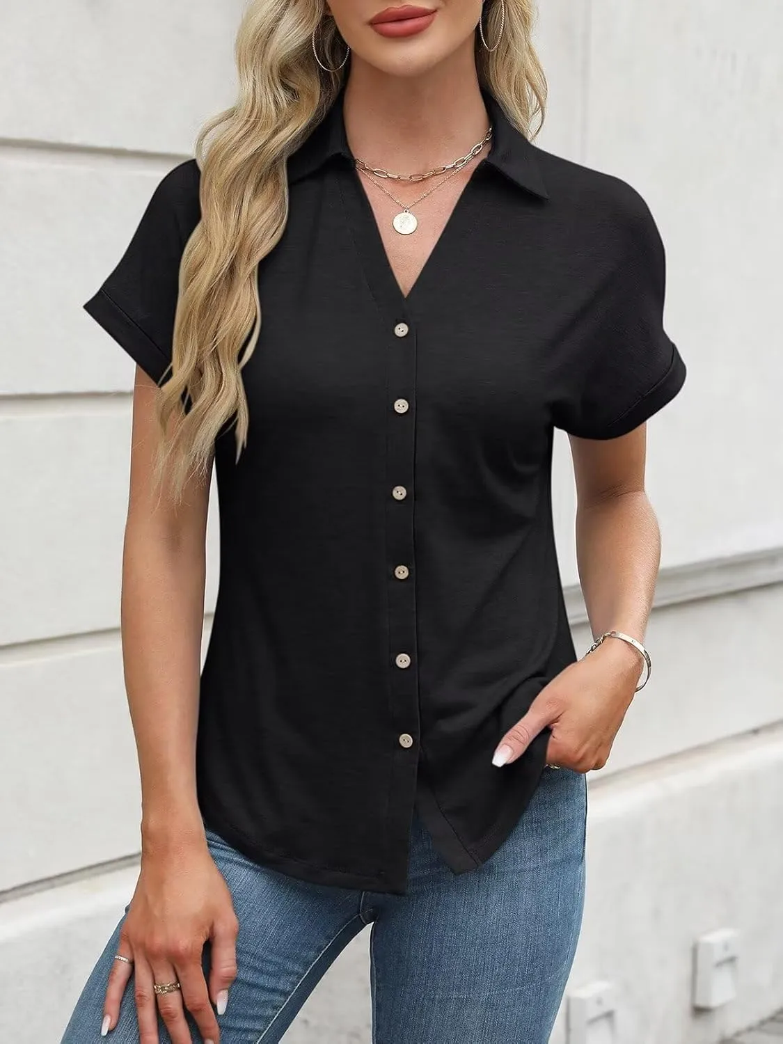 ORANDESIGNE Women's Short Sleeve Polo Tops Summer Button Down Collared T Shirts Casual Cute Ladies Tees