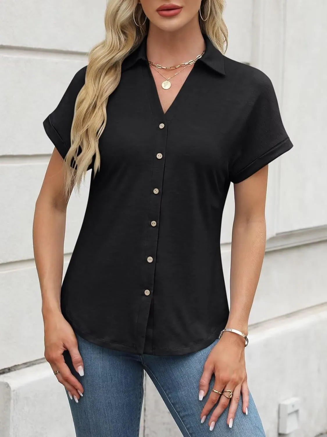 ORANDESIGNE Women's Short Sleeve Polo Tops Summer Button Down Collared T Shirts Casual Cute Ladies Tees