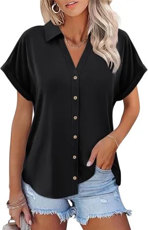 ORANDESIGNE Women's Short Sleeve Polo Tops Summer Button Down Collared T Shirts Casual Cute Ladies Tees