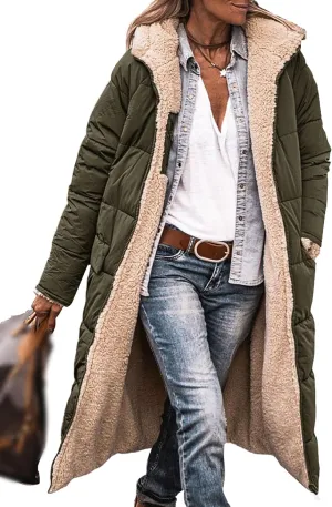 Oversized Shearling Fleece Long Coats, Winter Reversible Puffer Coat Sherpa Padded Down Jackets Warm Outerwear