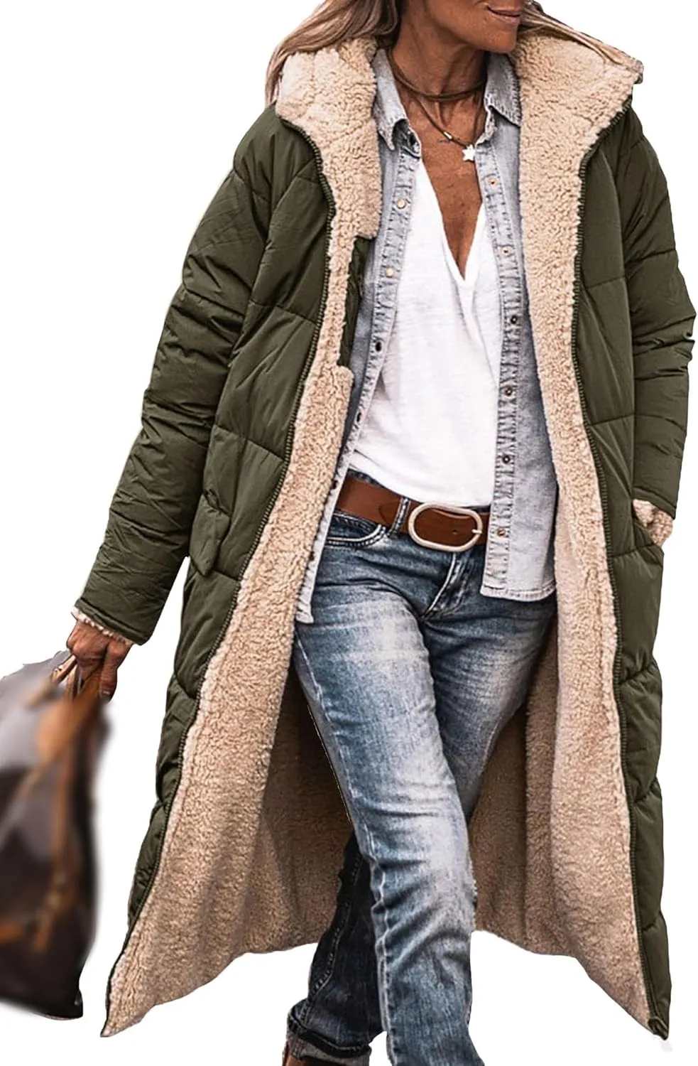 Oversized Shearling Fleece Long Coats, Winter Reversible Puffer Coat Sherpa Padded Down Jackets Warm Outerwear