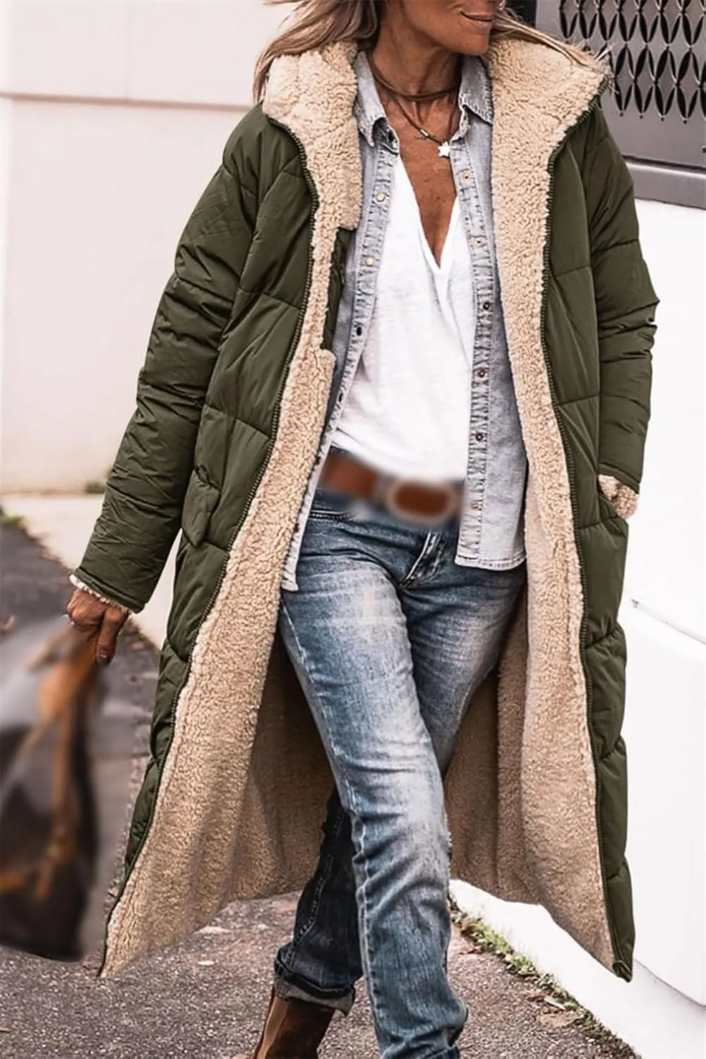 Oversized Shearling Fleece Long Coats, Winter Reversible Puffer Coat Sherpa Padded Down Jackets Warm Outerwear