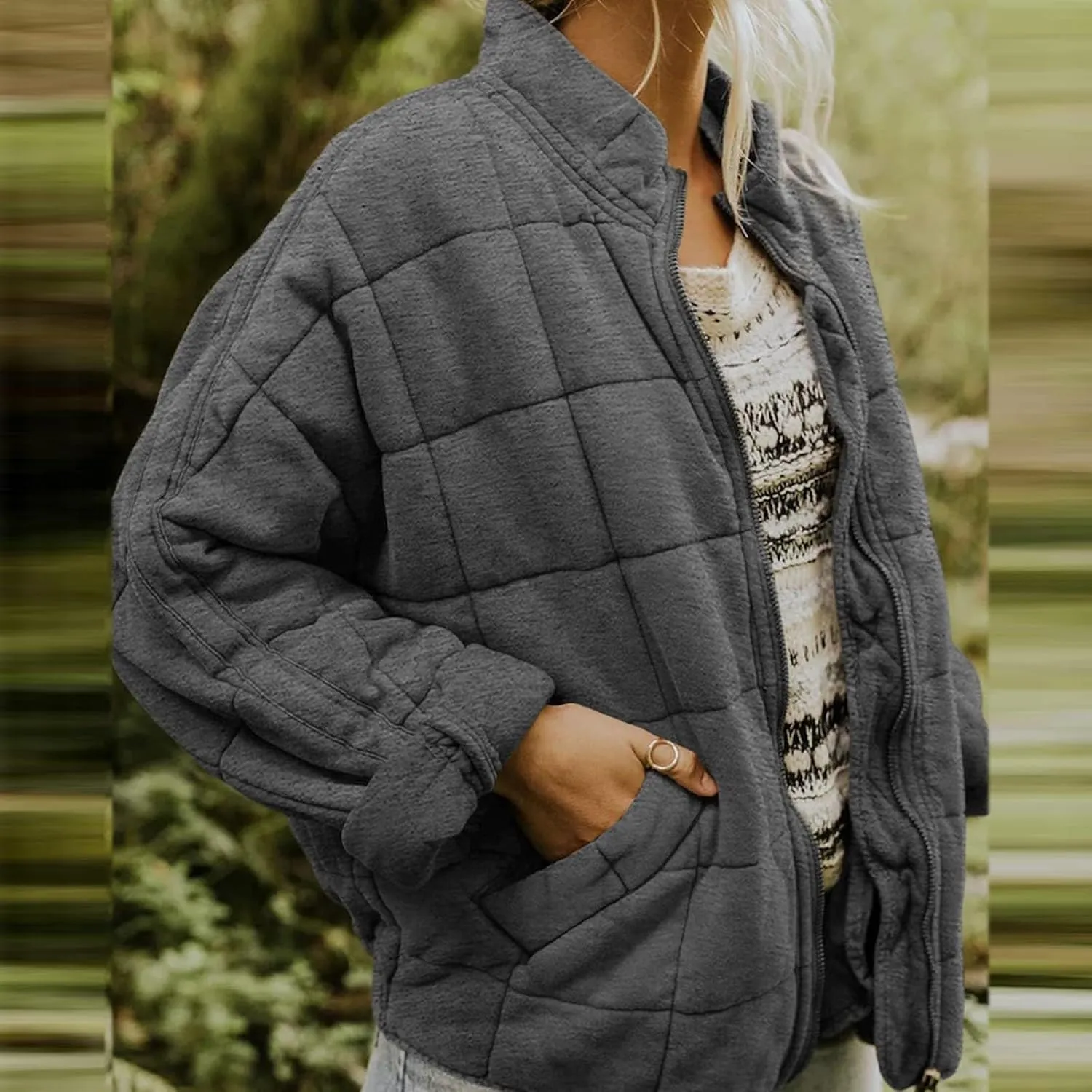 Quilted Jackets for Women Lightweight Dolman Sleeve Down Coats Zipper Padded Bomber Jackets Outwear with Pocket