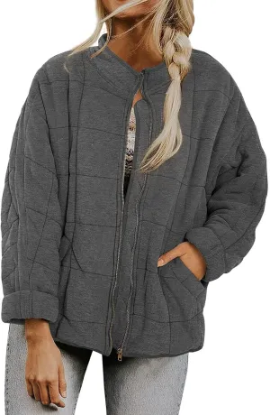 Quilted Jackets for Women Lightweight Dolman Sleeve Down Coats Zipper Padded Bomber Jackets Outwear with Pocket