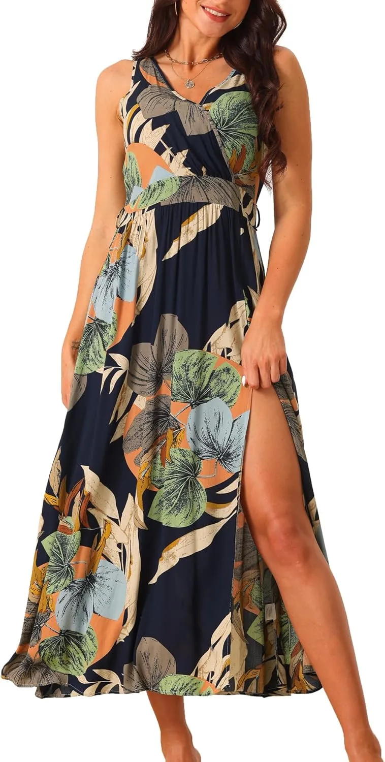 Seta T Women's Summer Boho Maxi Dresses V Neck Sleeveless Floral Flowy Split Hem Belted Casual Sundress