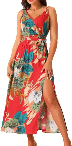 Seta T Women's Summer Boho Maxi Dresses V Neck Sleeveless Floral Flowy Split Hem Belted Casual Sundress