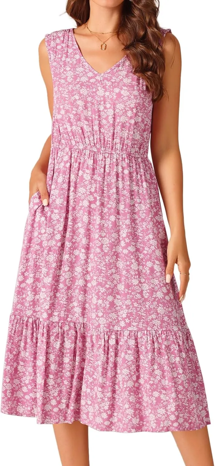 Seta T Women's Summer Dresses 2025 V Neck Sleeveless Sundress Beach Floral Flowy Midi Dress with Pockets
