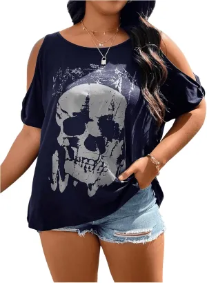 SOLY HUX Women's Plus Size Graphic Tees Skull Print Cold Shoulder Short Sleeve Summer T Shirt Tops
