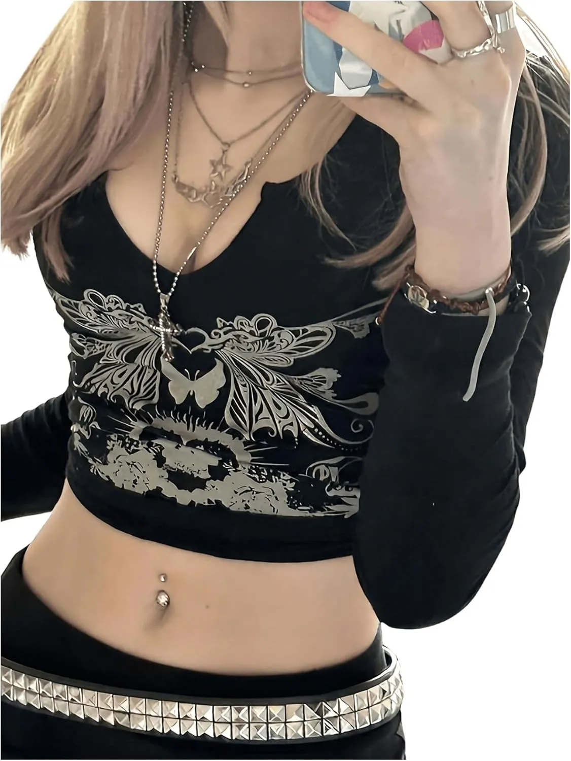 SOLY HUX Women's Y2k Graphic Crop Tops Notched V Neck Long Sleeve T Shirt Vintage Tees