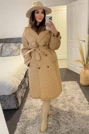 Sophia Camel Diamond Quilted Belted Longline Coat