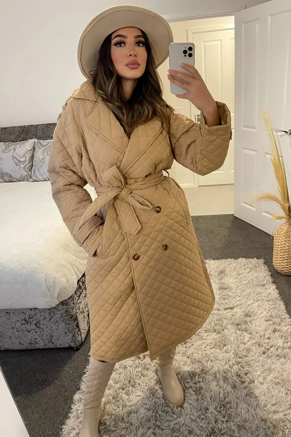 Sophia Camel Diamond Quilted Belted Longline Coat