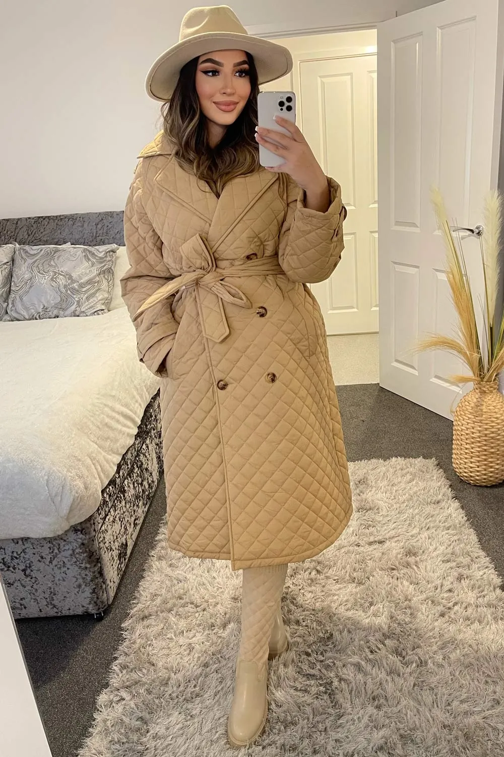 Sophia Camel Diamond Quilted Belted Longline Coat