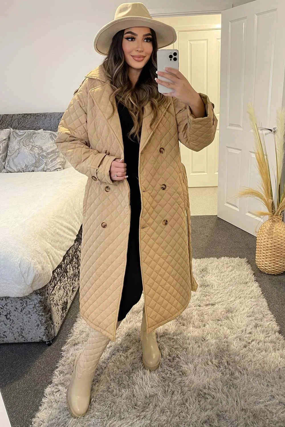 Sophia Camel Diamond Quilted Belted Longline Coat