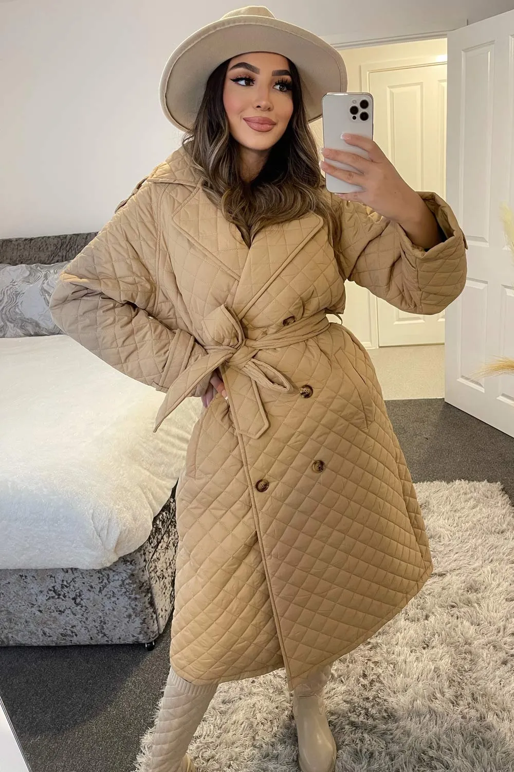 Sophia Camel Diamond Quilted Belted Longline Coat