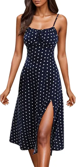 Summer Dresses for Women 2025 Trendy Spaghetti Strap Polka Dot Midi Dress Sexy Sleeveless Slit Beach Boho Sundresses