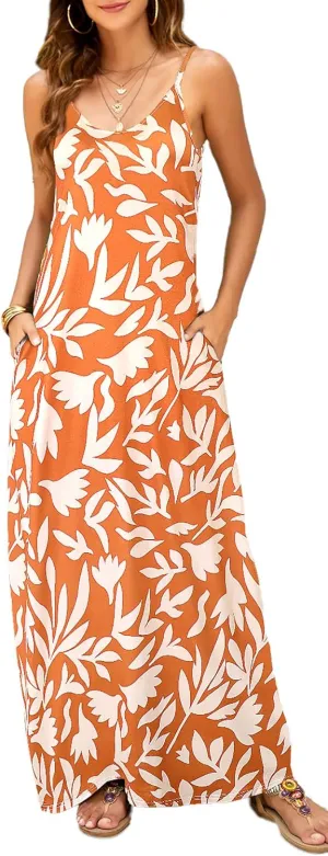Supnier Women's Summer Maxi Dress Casual V-Neck Sleeveless Bohemian Spaghetti Strap Floral Long Maxi Dress with Pockets
