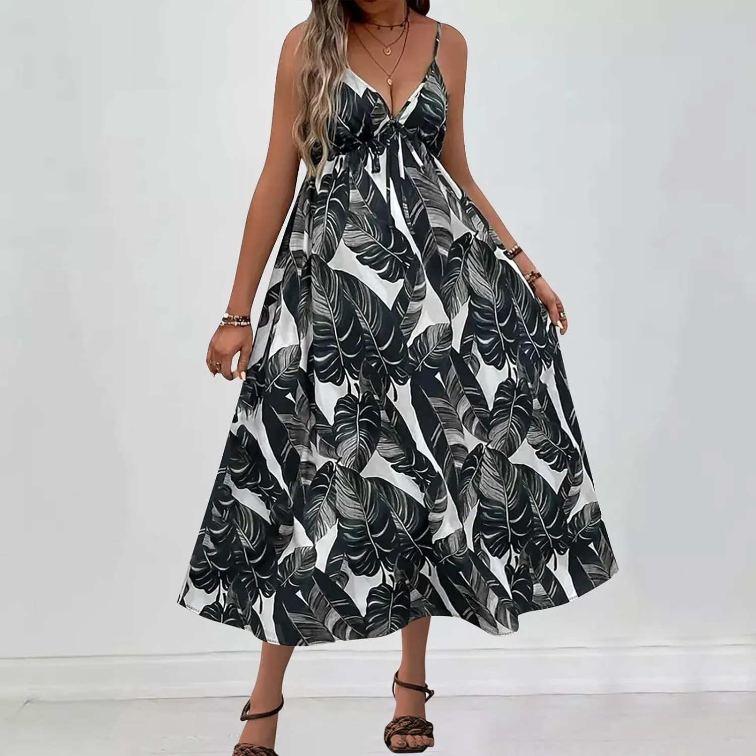 Tank Dresses for Women 2025 Plus Size Adjustable Spaghetti Strap Flower Dresses V-Neck Sleeveless Tropical midi Dress