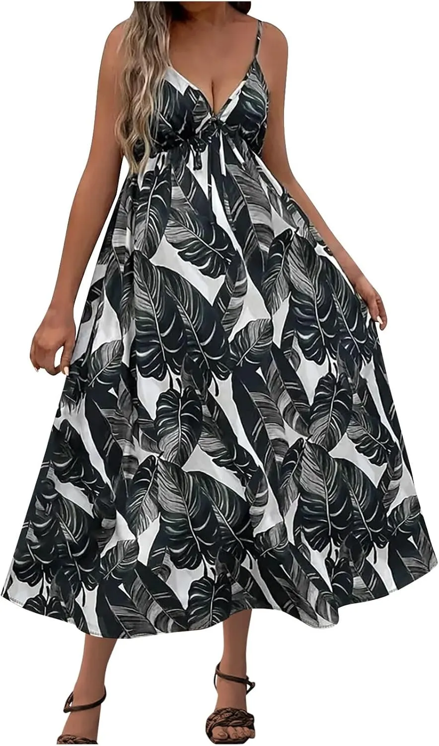 Tank Dresses for Women 2025 Plus Size Adjustable Spaghetti Strap Flower Dresses V-Neck Sleeveless Tropical midi Dress