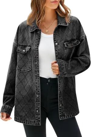 Tankaneo Womens Oversized Denim Jackets Trendy Diamond Quilted Button Down Jean Shackets Casual Lightweight Jackets