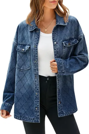 Tankaneo Womens Oversized Denim Jackets Trendy Diamond Quilted Button Down Jean Shackets Casual Lightweight Jackets