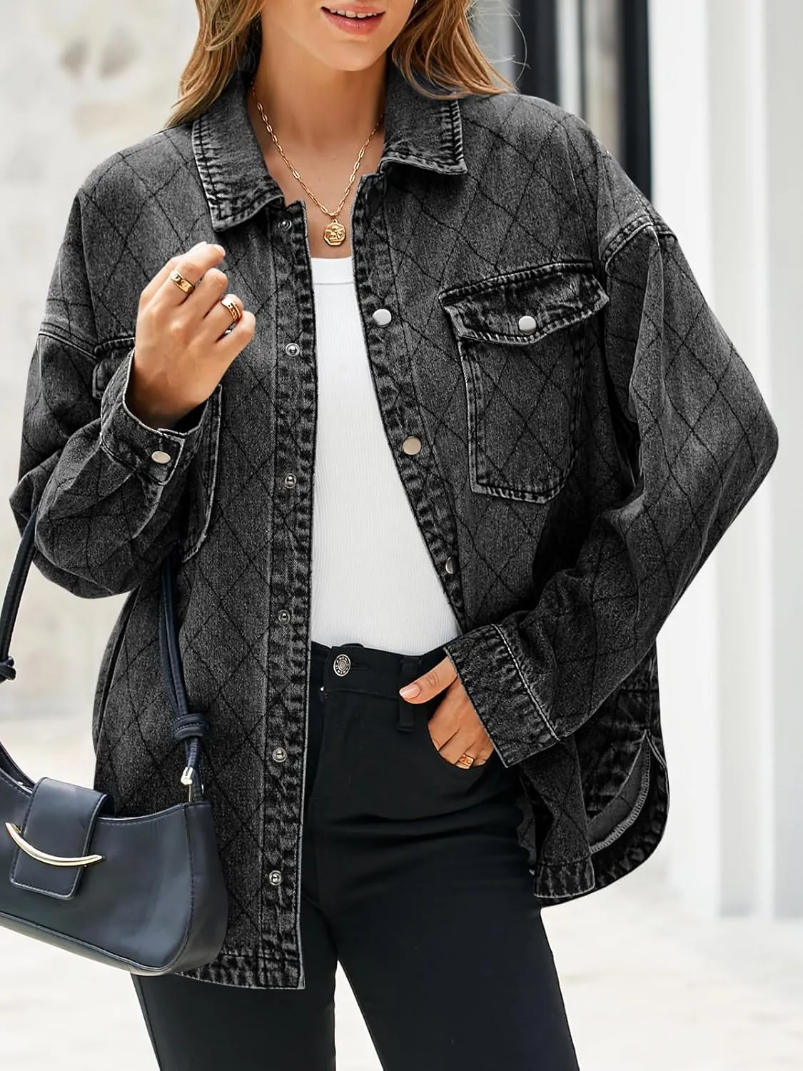 Tankaneo Womens Oversized Denim Jackets Trendy Diamond Quilted Button Down Jean Shackets Casual Lightweight Jackets
