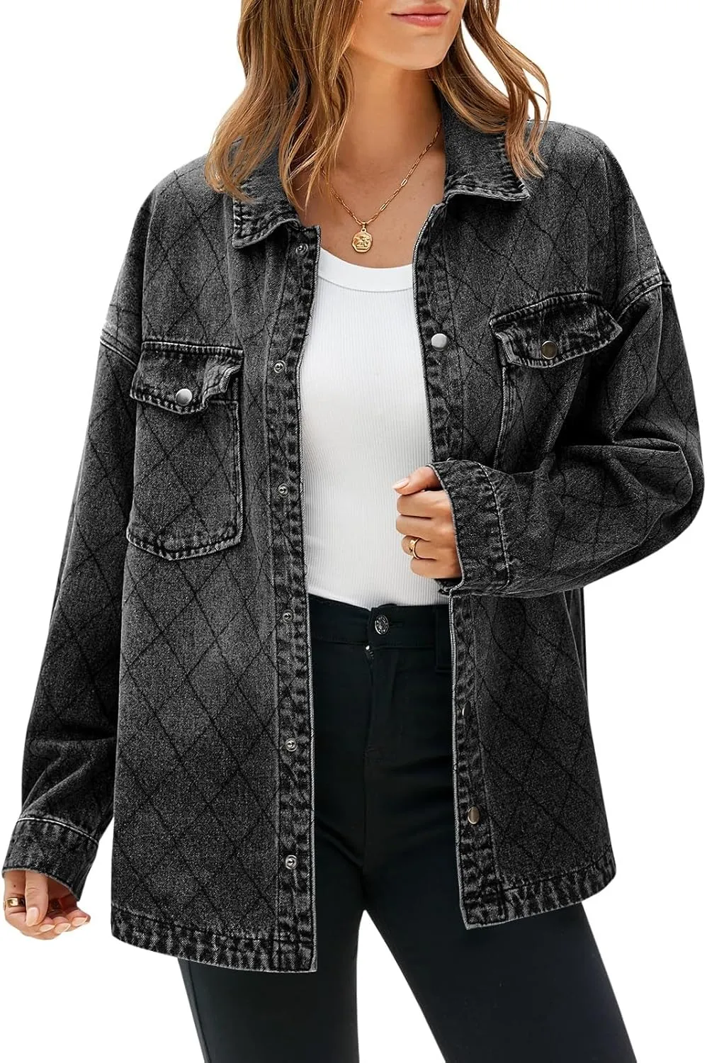 Tankaneo Womens Oversized Denim Jackets Trendy Diamond Quilted Button Down Jean Shackets Casual Lightweight Jackets