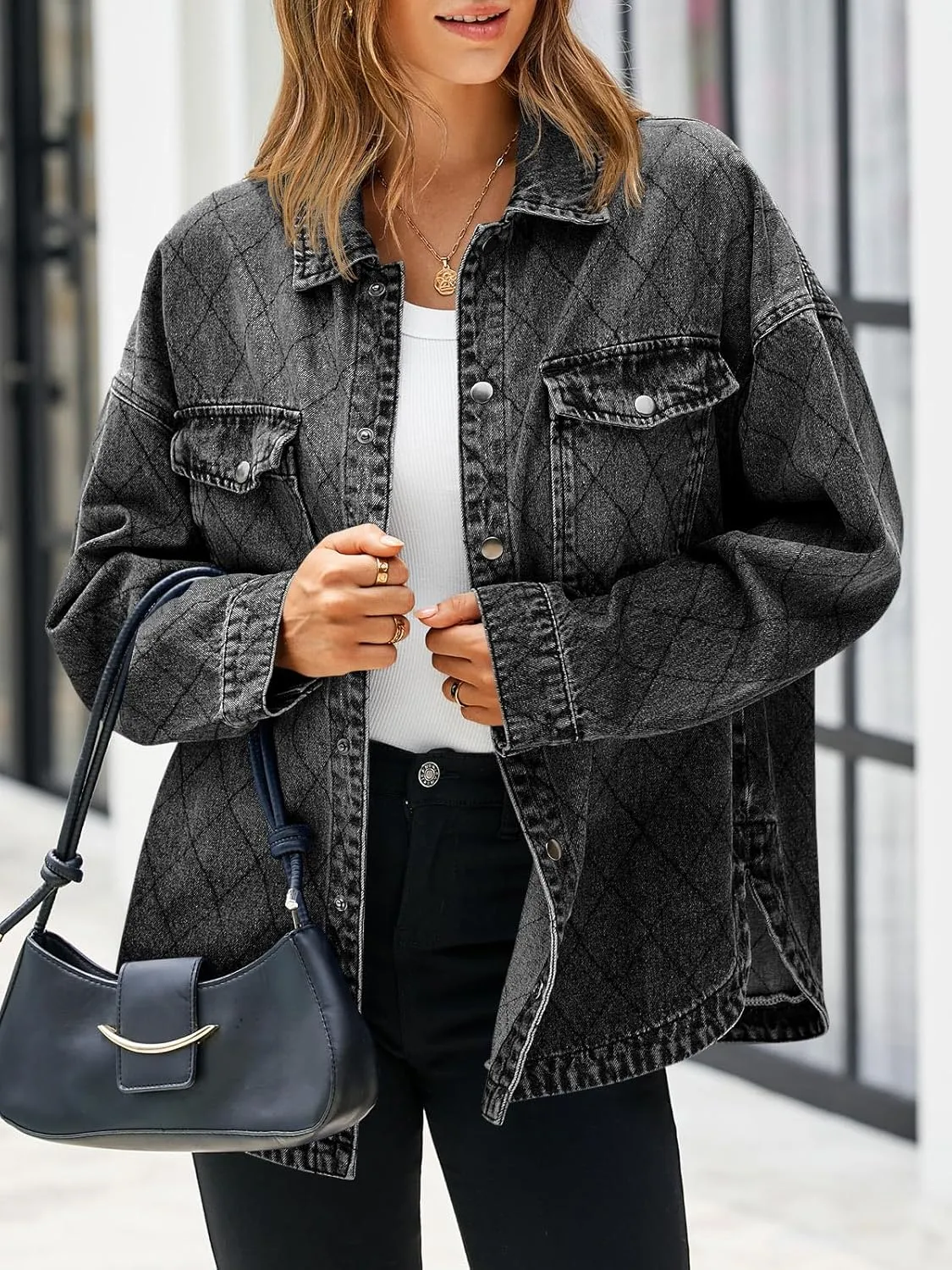 Tankaneo Womens Oversized Denim Jackets Trendy Diamond Quilted Button Down Jean Shackets Casual Lightweight Jackets