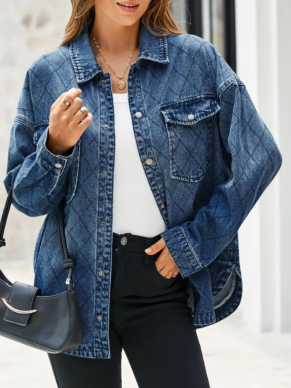 Tankaneo Womens Oversized Denim Jackets Trendy Diamond Quilted Button Down Jean Shackets Casual Lightweight Jackets