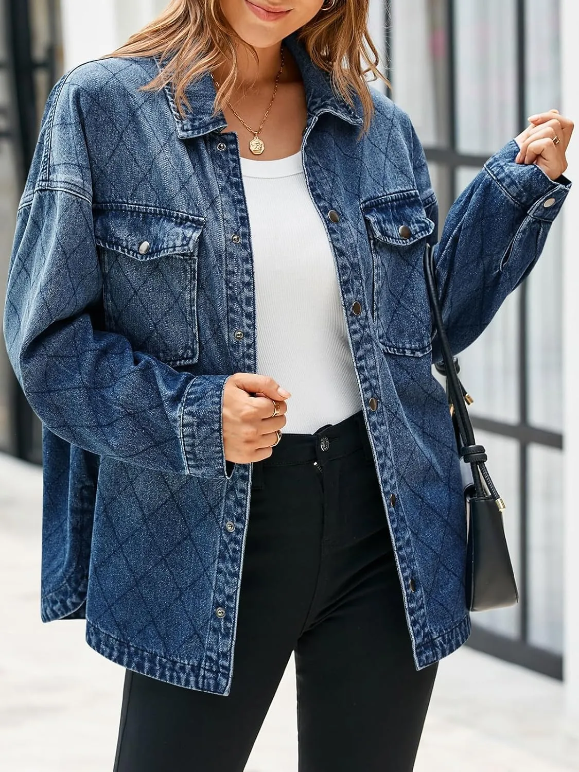 Tankaneo Womens Oversized Denim Jackets Trendy Diamond Quilted Button Down Jean Shackets Casual Lightweight Jackets