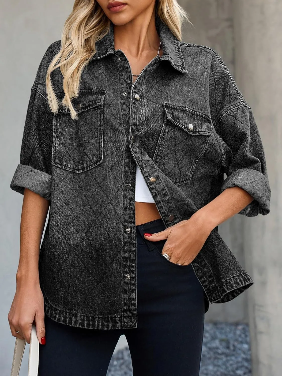Tankaneo Womens Oversized Denim Jackets Trendy Diamond Quilted Button Down Jean Shackets Casual Lightweight Jackets
