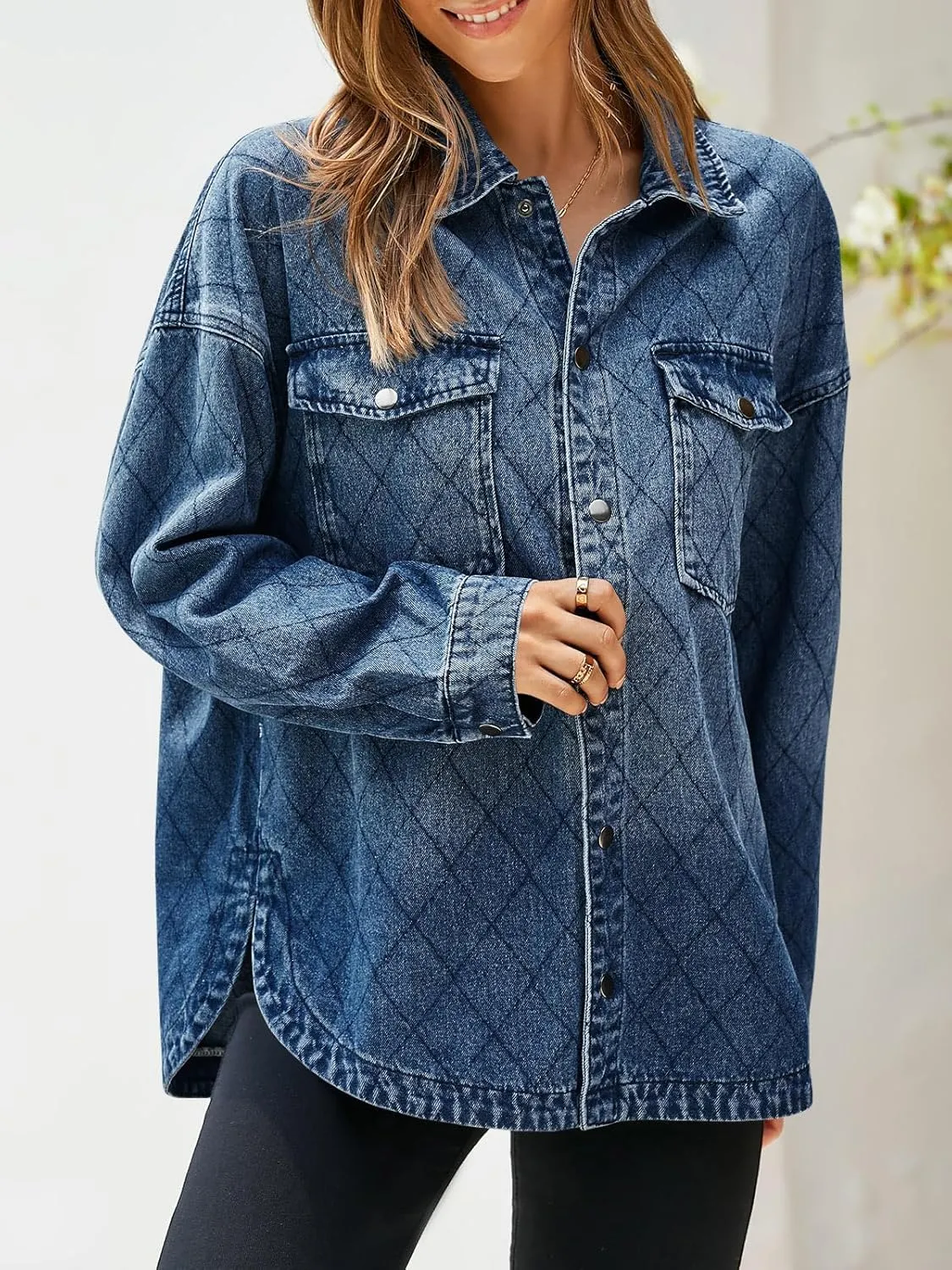 Tankaneo Womens Oversized Denim Jackets Trendy Diamond Quilted Button Down Jean Shackets Casual Lightweight Jackets