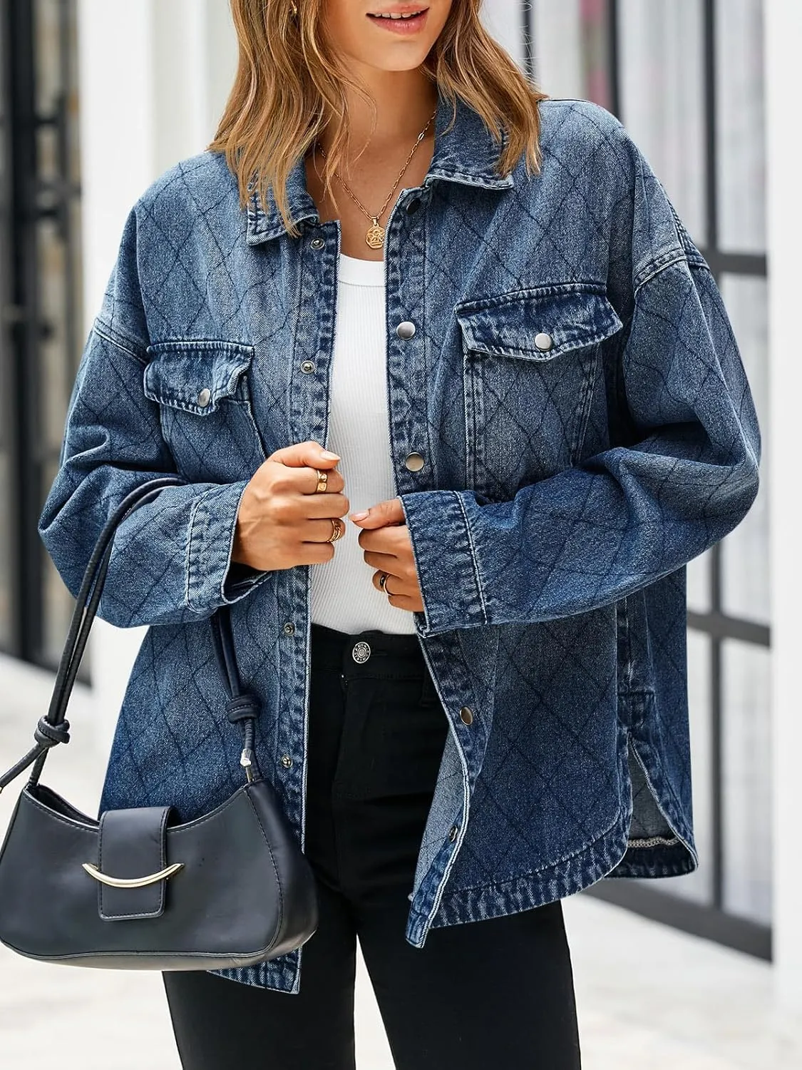 Tankaneo Womens Oversized Denim Jackets Trendy Diamond Quilted Button Down Jean Shackets Casual Lightweight Jackets