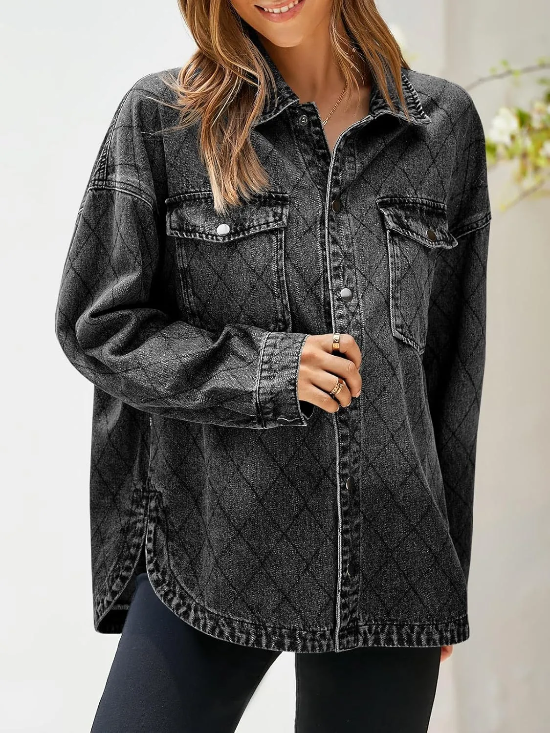 Tankaneo Womens Oversized Denim Jackets Trendy Diamond Quilted Button Down Jean Shackets Casual Lightweight Jackets