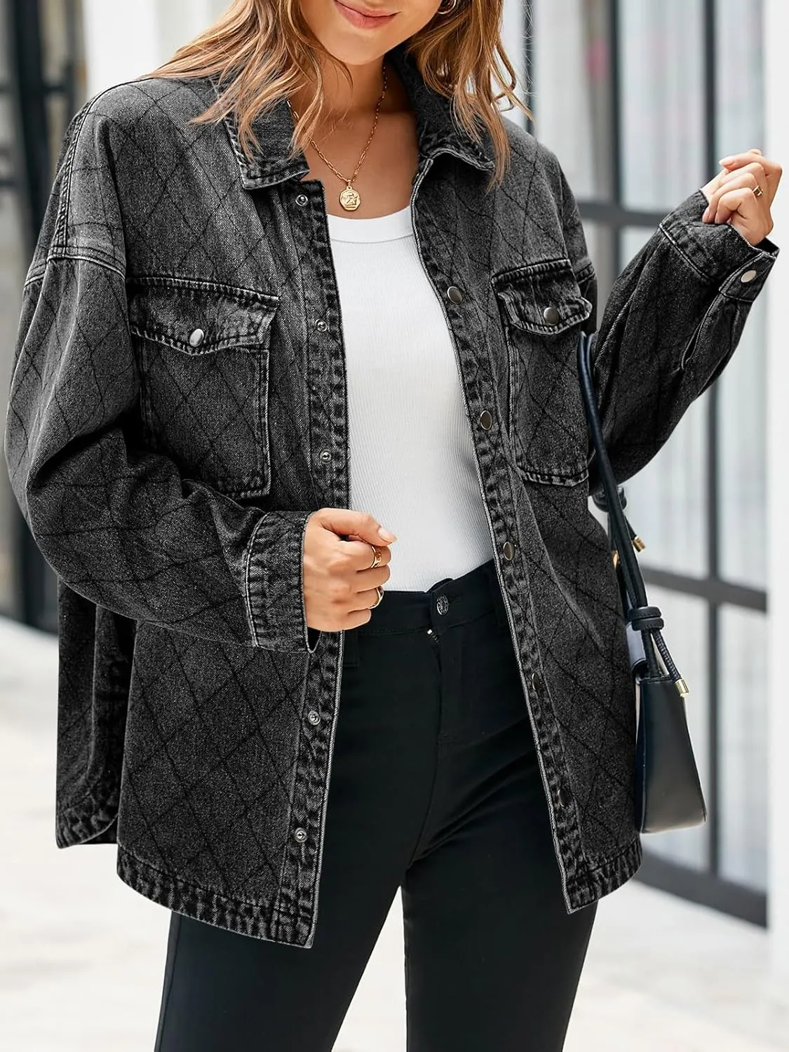 Tankaneo Womens Oversized Denim Jackets Trendy Diamond Quilted Button Down Jean Shackets Casual Lightweight Jackets