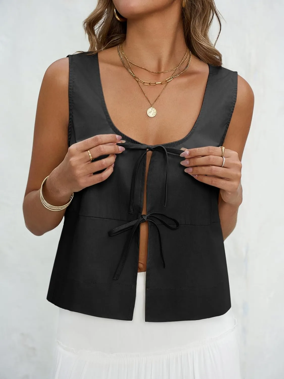 Tankaneo Womens Tie Front Vest Tops Cotton Summer Fashion Tank Shirts Y2k Going Out Sleeveless Tees