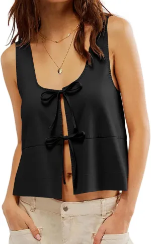 Tankaneo Womens Tie Front Vest Tops Cotton Summer Fashion Tank Shirts Y2k Going Out Sleeveless Tees