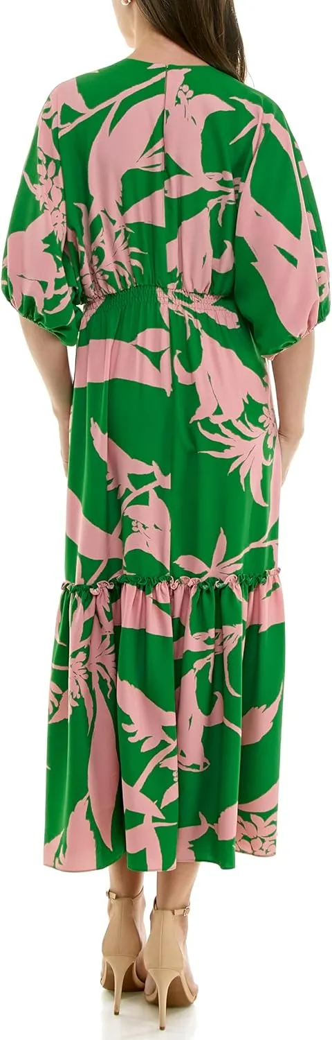 Taylor Women's V-Neck Dolman Elbow Sleeve Tiered Bold Print Maxi Dress