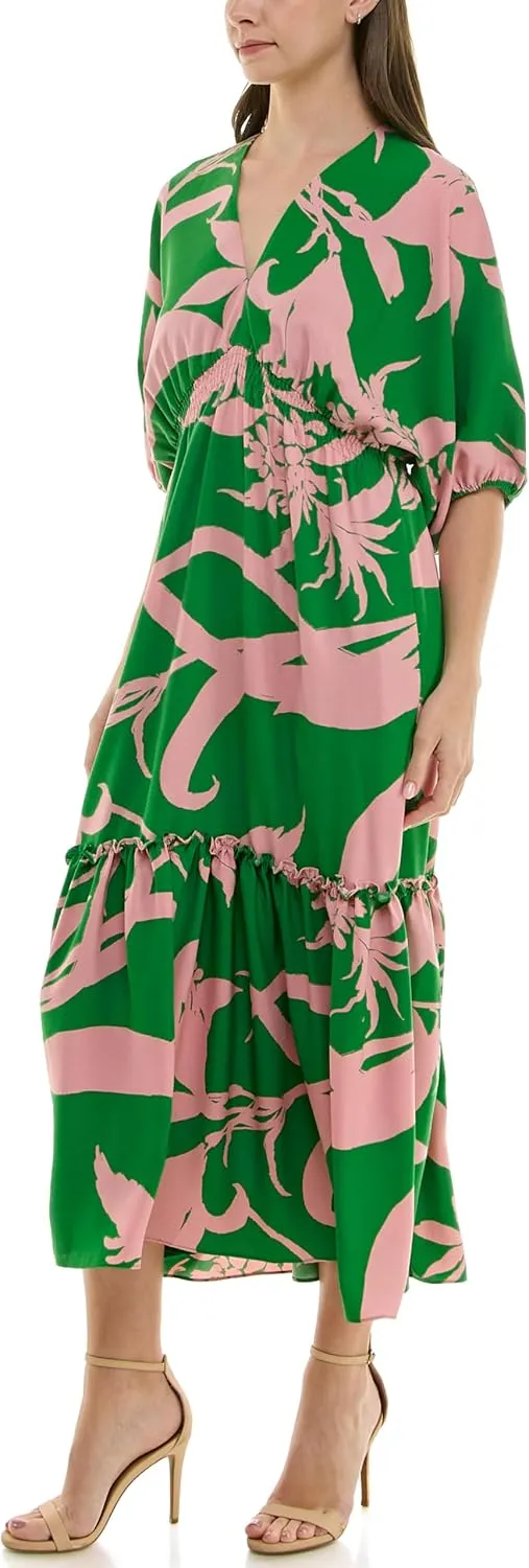 Taylor Women's V-Neck Dolman Elbow Sleeve Tiered Bold Print Maxi Dress