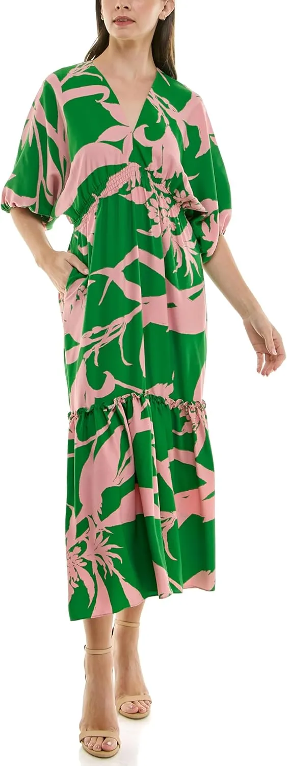 Taylor Women's V-Neck Dolman Elbow Sleeve Tiered Bold Print Maxi Dress
