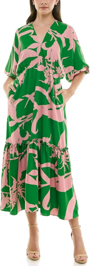 Taylor Women's V-Neck Dolman Elbow Sleeve Tiered Bold Print Maxi Dress