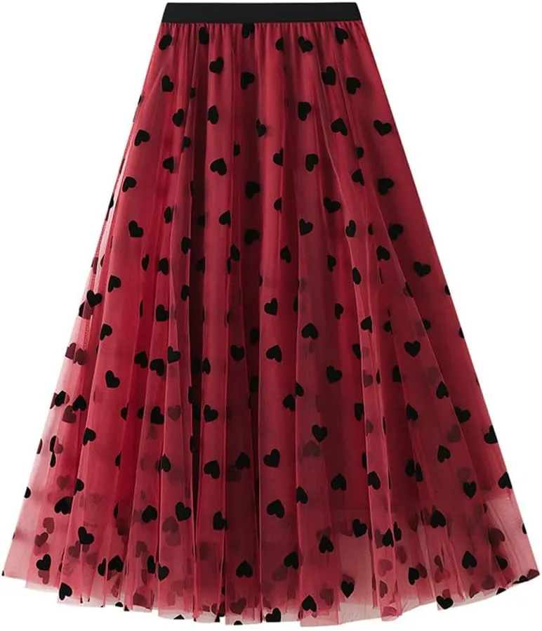 Tulle Skirts for Women Elastic High Waist Layered 3D Heart Print Double-Layered Mesh A-Line Midi Skirt