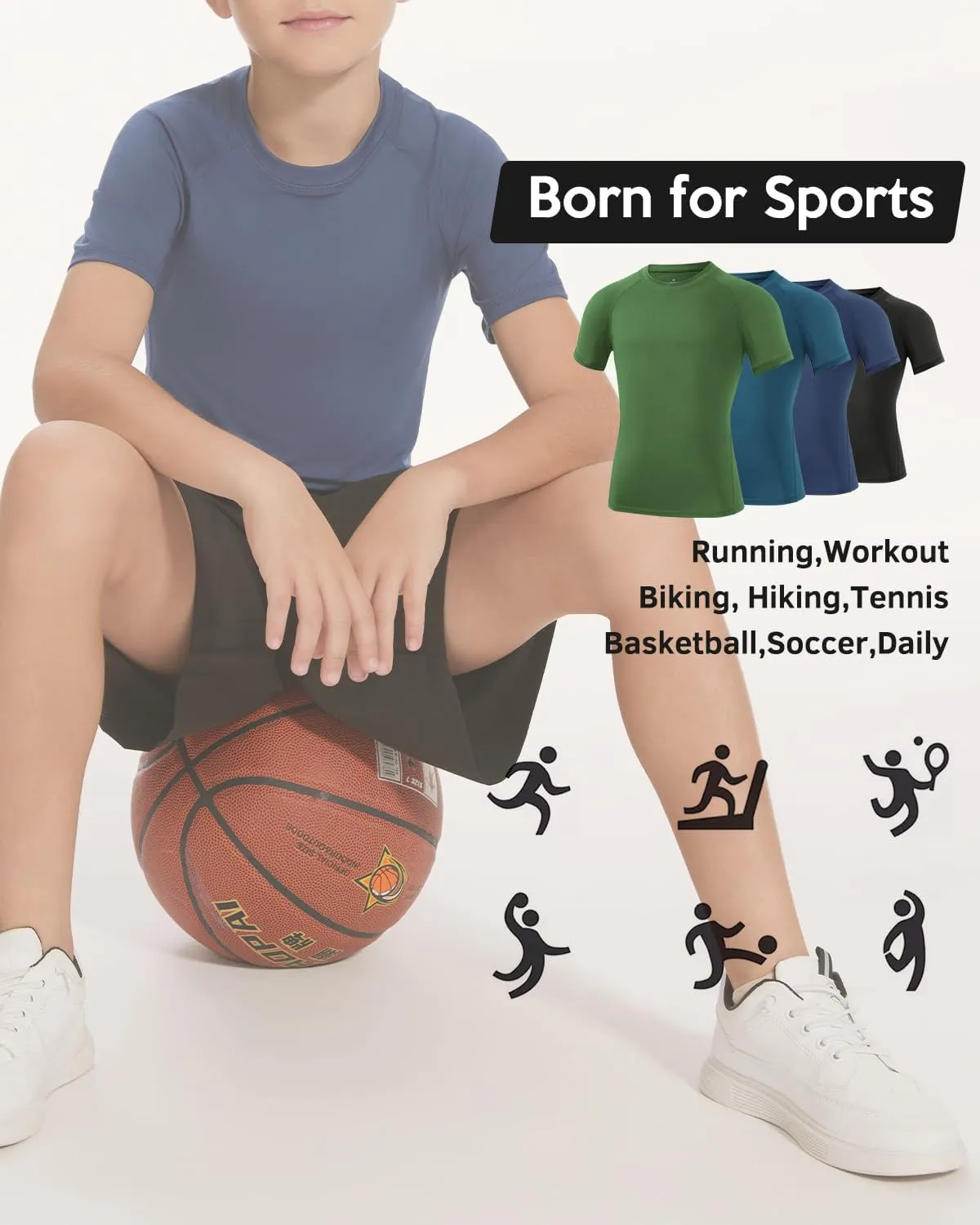 Ullnoy 4 Pack Boys Athletic Compression Shirts Short Sleeve Dry Fit T Shirts for Kids Moisture Wicking Athletic Tees