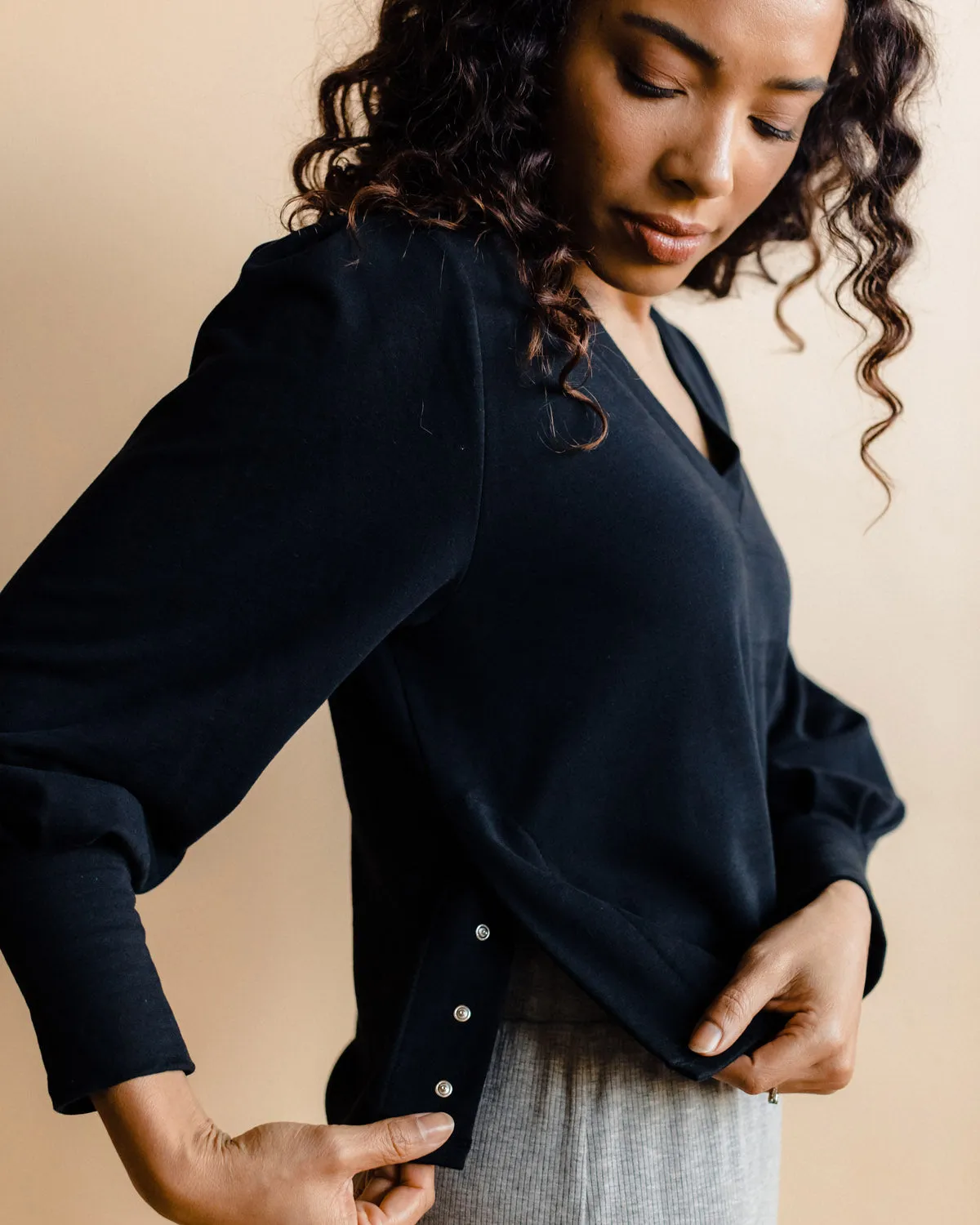 V-Neck Side Snap Sweatshirt