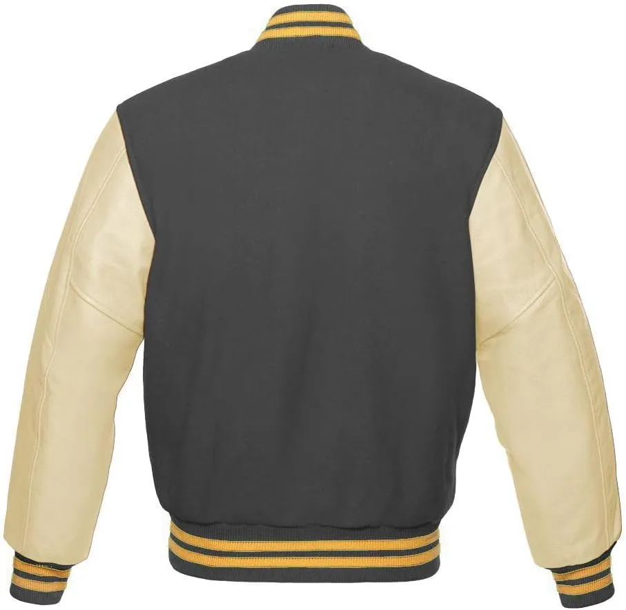 Varsity Jacket Baseball Letterman Bomber Wool & Light Cream Genuine leather Sleeves With Yellow Gold Stripe
