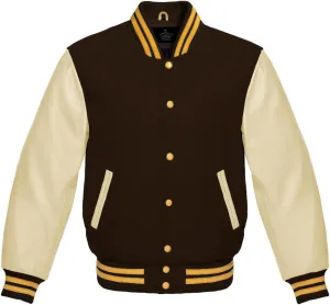 Varsity Jacket Baseball Letterman Bomber Wool & Light Cream Genuine leather Sleeves With Yellow Gold Stripe