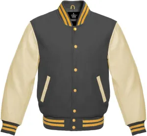 Varsity Jacket Baseball Letterman Bomber Wool & Light Cream Genuine leather Sleeves With Yellow Gold Stripe