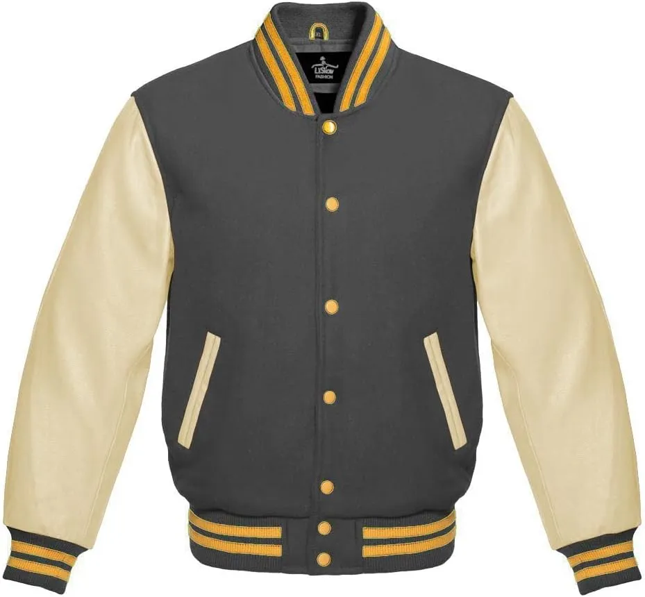 Varsity Jacket Baseball Letterman Bomber Wool & Light Cream Genuine leather Sleeves With Yellow Gold Stripe