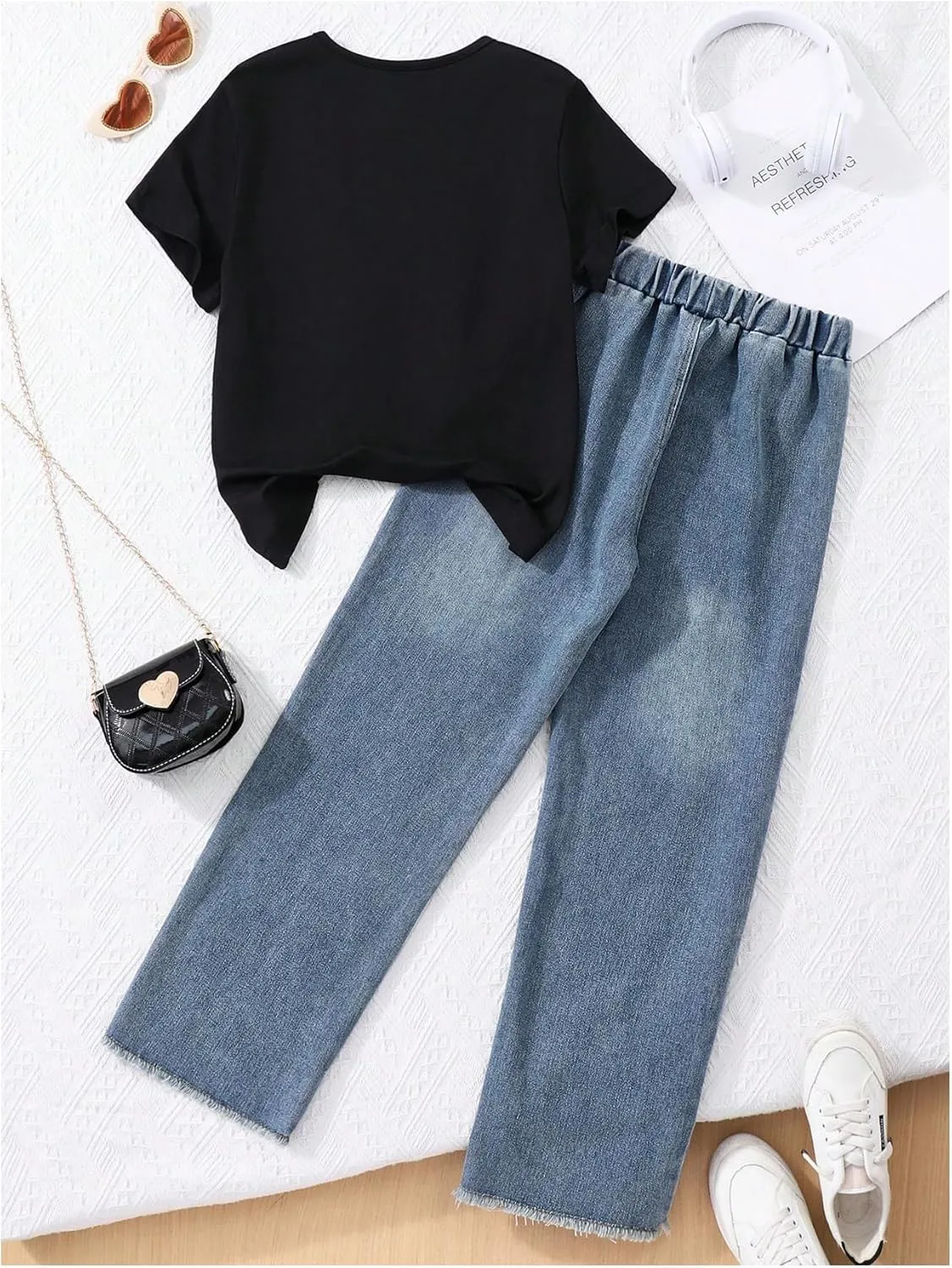 Verdusa Cute Outfits for Girls 10-12 Bows Summer Clothes Graphic Tees with Straight Leg Jeans Set
