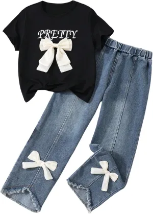 Verdusa Cute Outfits for Girls 10-12 Bows Summer Clothes Graphic Tees with Straight Leg Jeans Set
